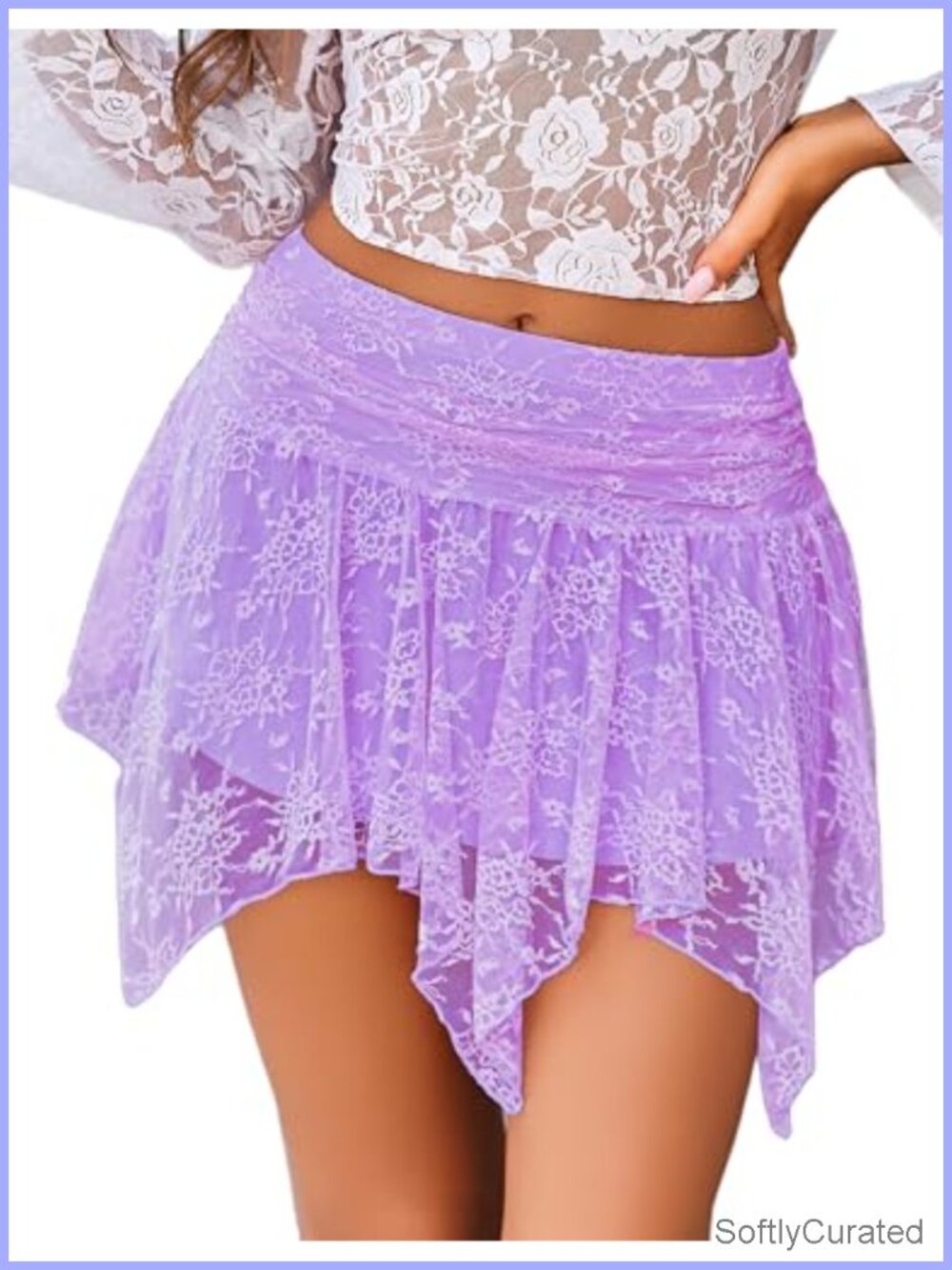 Women's Lace Mini Skirt Asymmetrical Flowy Y2K Handkerchief Skirt with Lining
